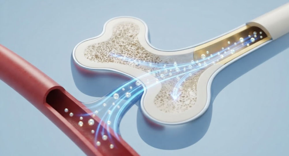 A 3D medical visualization of calcium particles being guided by trails into the bone, bypassing the artery.