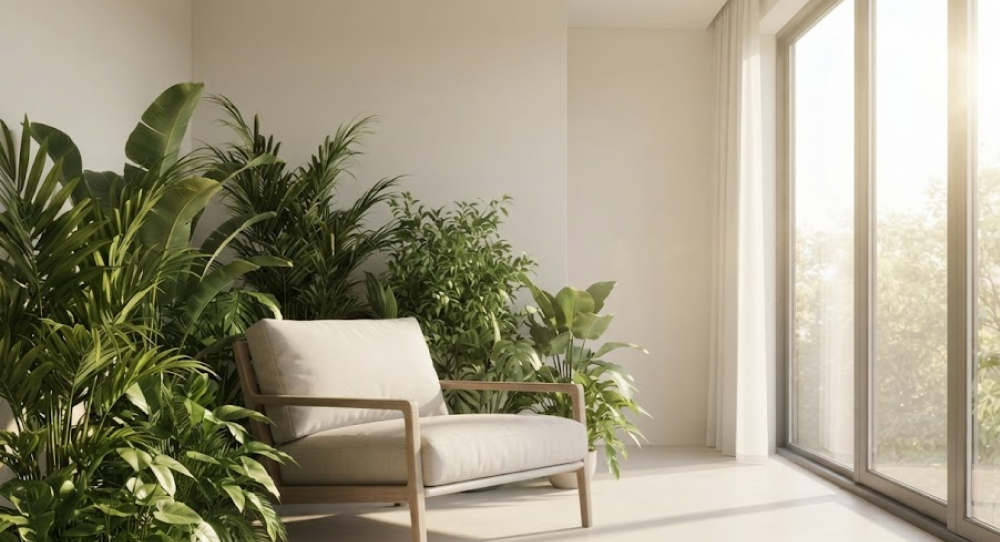 bright modern interior bathed in warm sunlight with a comfortable chair and houseplants