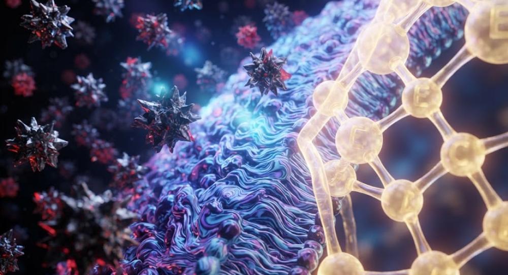 A molecular shield of glowing orbs protecting a cell membrane from free radicals.