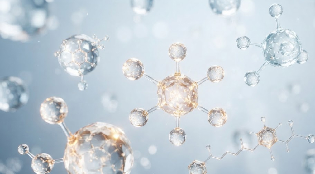 Scientific visualization of glowing Vitamin E molecular structures (tocopherols and tocotrienols) floating in a matrix.