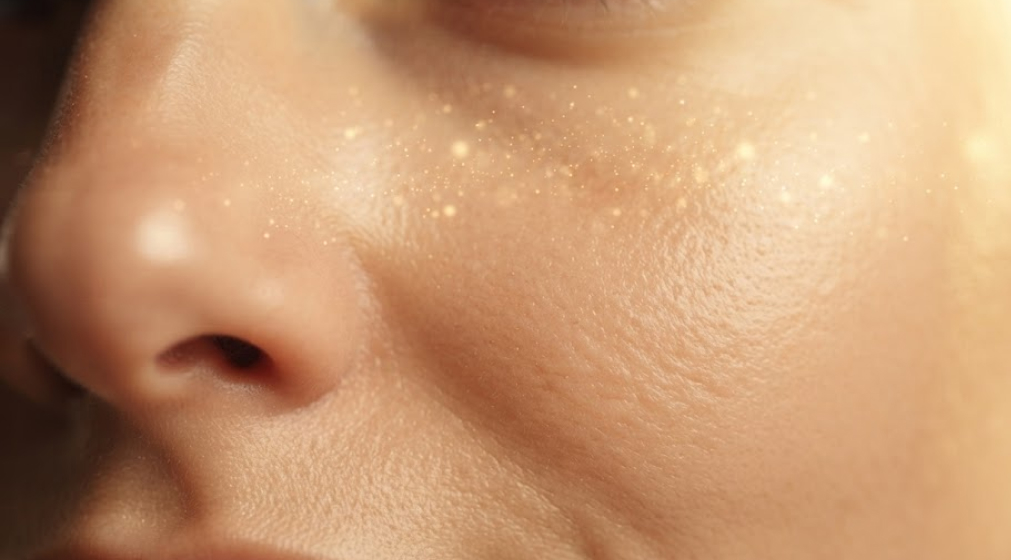 Close-up of hydrated, youthful facial skin with protective glow