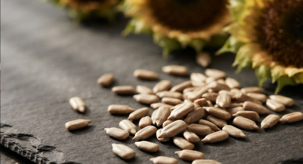 Close-up of raw sunflower seed kernels scattered on a rustic dark slate surface, ready for snacking.