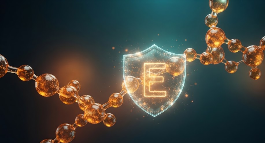 Conceptual illustration of vitamin E stopping a molecular chain reaction
