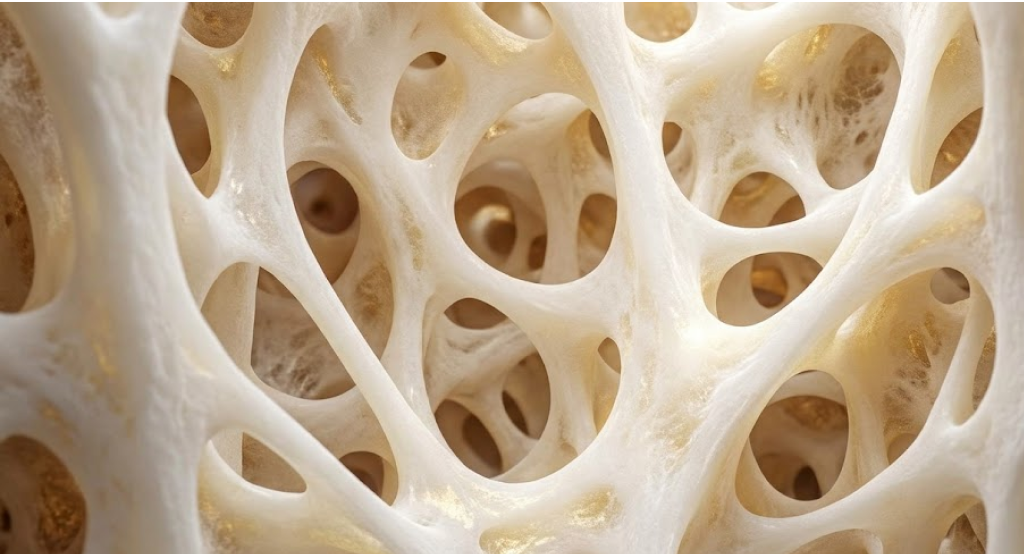 Extreme close-up of a dense, healthy human bone matrix structure glowing with mineral strength.