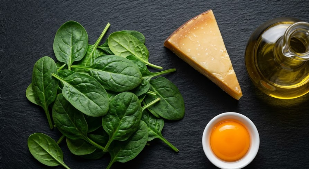 A glowing drop of oil falling onto a green spinach leaf next to raw magnesium crystals under bright sunlight.