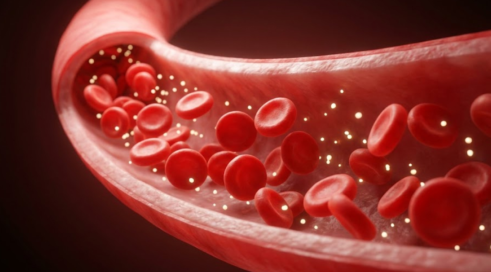Microscopic view of a healthy, flexible artery with red blood cells and calcium particles being swept away from the walls.