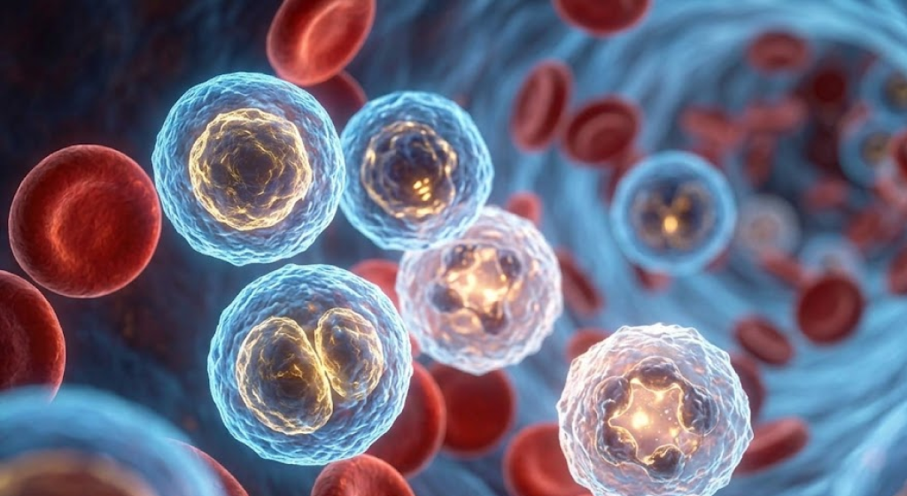 Active white blood cells patrolling a microscopic bloodstream, ready to defend against environmental pathogens.