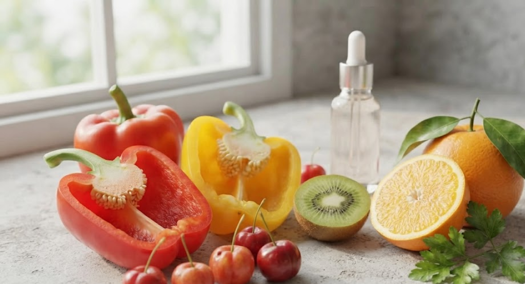 A vibrant still-life composition of natural Vitamin C sources: peppers, acerola cherries, kiwi, orange, and parsley.