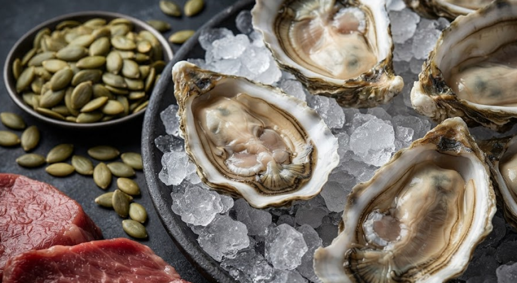macro shot of fresh raw oysters on ice with pumpkin seeds and meat