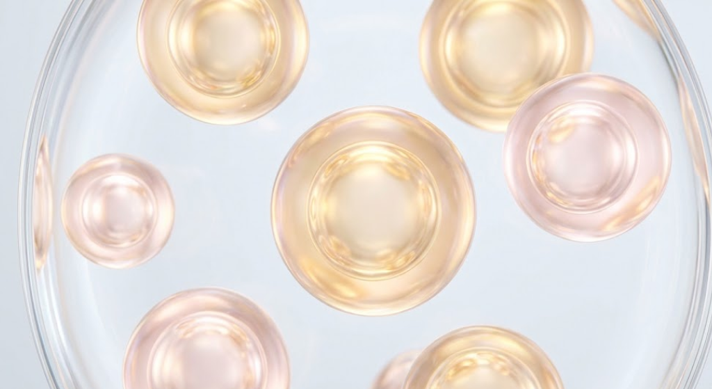 Visualization of floating translucent liposomal micro-spheres with golden and pink refractions.
