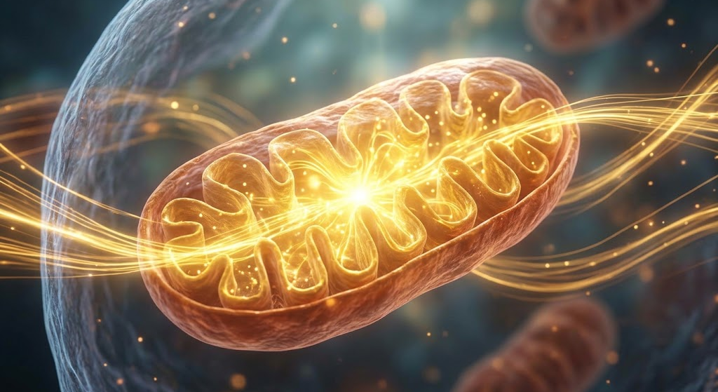 A high-end scientific macro photograph of a single human mitochondrion, showing a brilliant golden stream of ATP energy flowing out from its structure against a soft bokeh background.