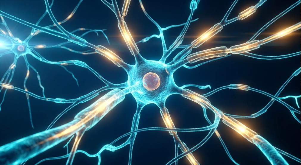 A cinematic macro view of glowing neural axon pathways and brain synapses, with electric cyan and warm golden light pulsing along the protective myelin sheath fibers against a dark blue backdrop.