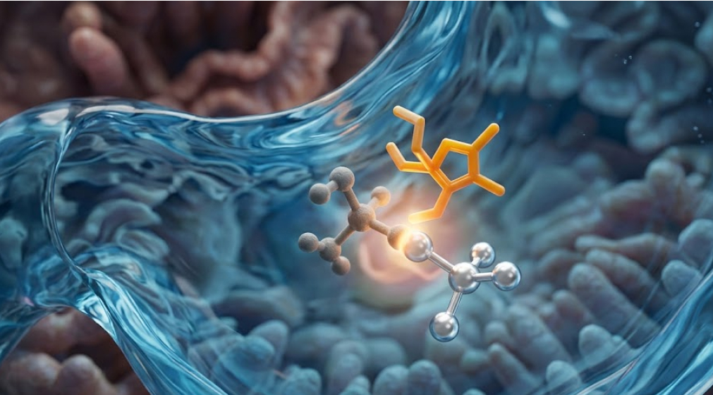 Molecular model of ascorbic acid converting dull ferric iron (Fe3+) into shiny ferrous iron (Fe2+) in gastric fluid.
