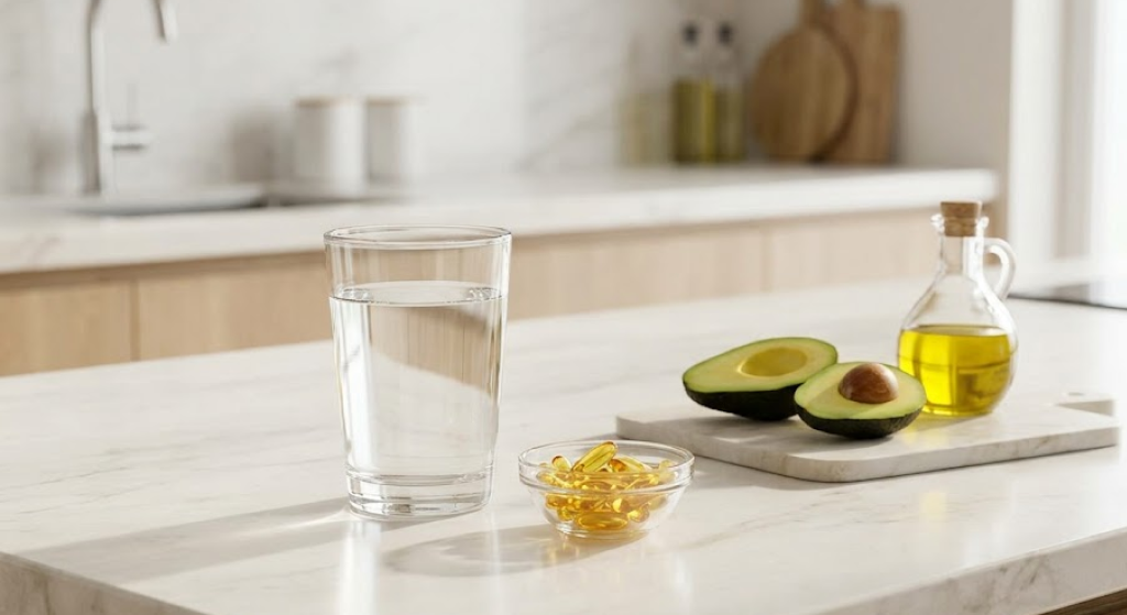 Glass of water, golden softgel capsules, sliced avocado, and olive oil on a marble kitchen island