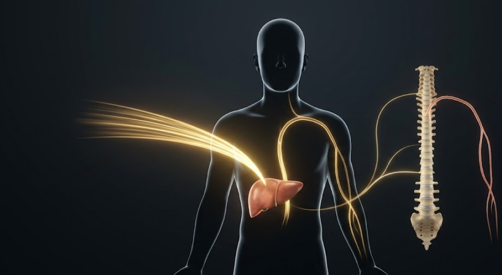 A high-tech medical visualization of a human body silhouette showing different nutrient pathways to the liver, bones, and arteries.