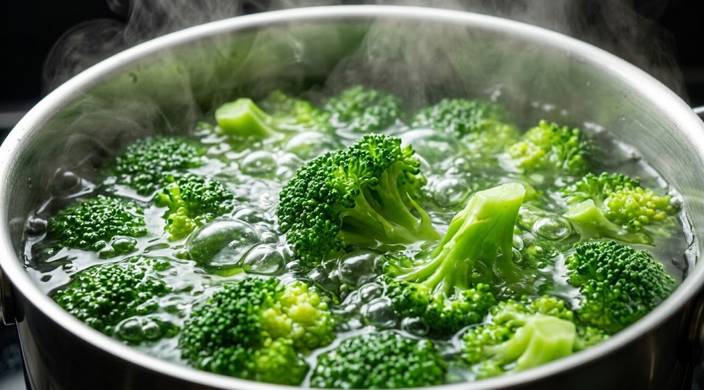 Fresh green broccoli florets fully submerged in a pot of aggressively boiling water