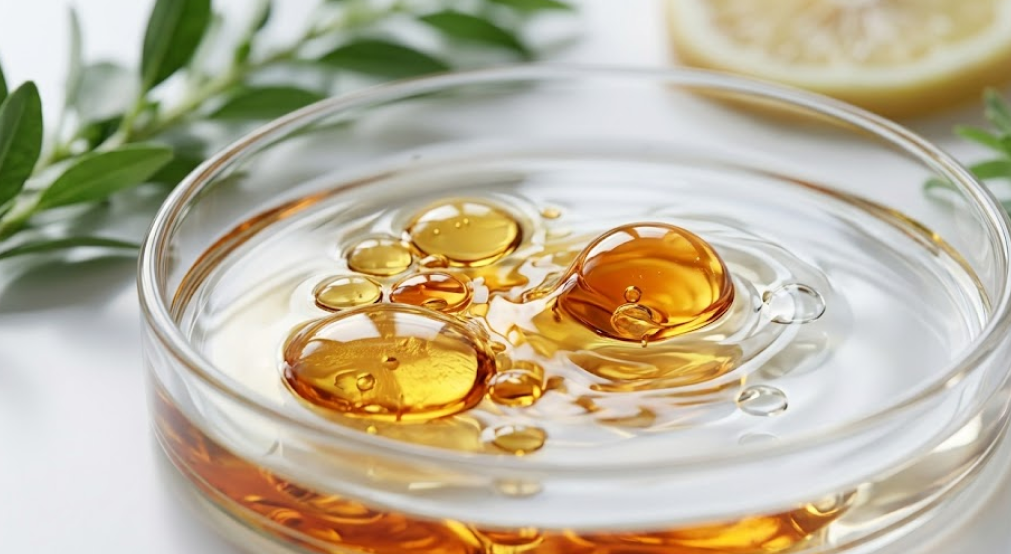 Golden lipid oil droplets merging with crystal-clear liquid serum in a glass petri dish, illustrating scientific synergy.