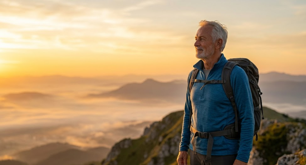 Healthy senior man standing on a mountain peak looking at the sunrise.