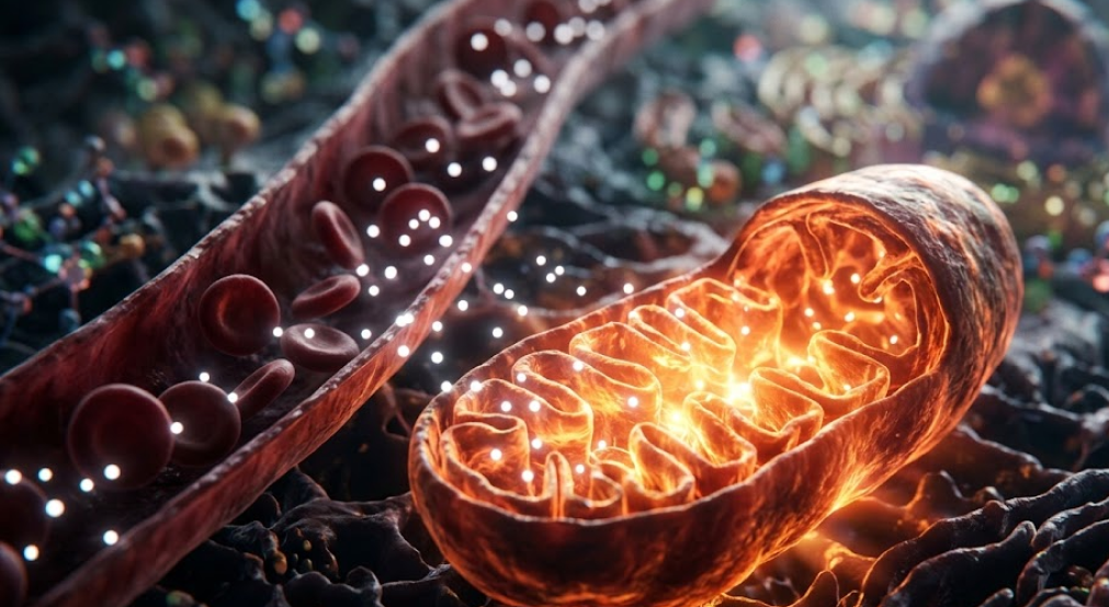 Glowing mitochondria organelle surrounded by red blood cells delivering oxygen molecules inside a cell.