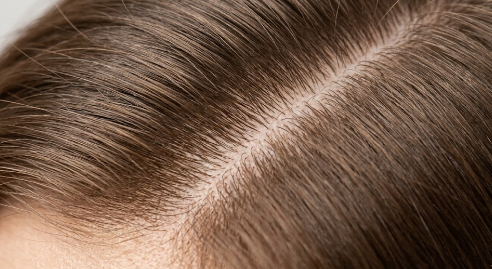 A macro photograph showing a clean, healthy human scalp parting free from excess oil or flaking.