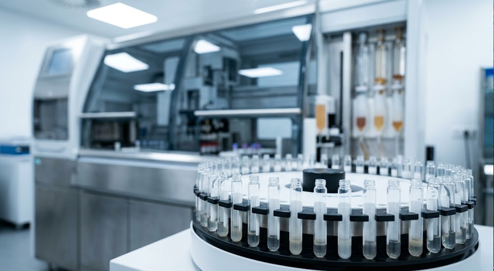 Robotic carousel holding clear glass test tubes with serum samples inside an automated clinical laboratory analyzer.