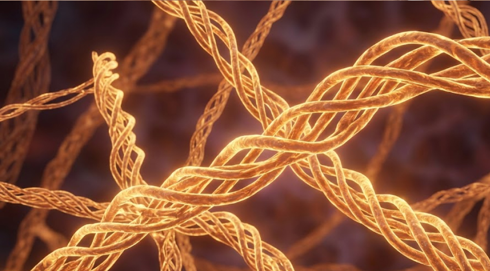 Ultra-detailed 3D visualization of dense, healthy collagen triple-helix fibers forming a strong dermal network.