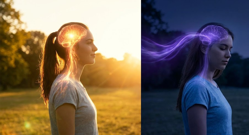 Split image of a woman during the day in sunlight and at night during melatonin production