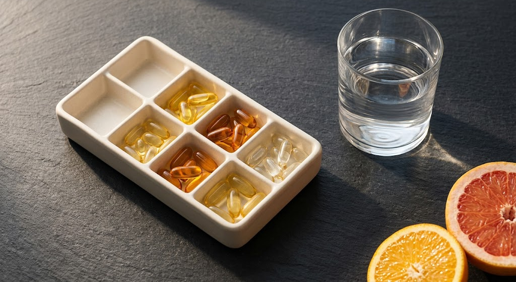 Minimalist ceramic tray with organized compartments containing yellow vitamin capsules next to a glass of water and fresh orange slice.