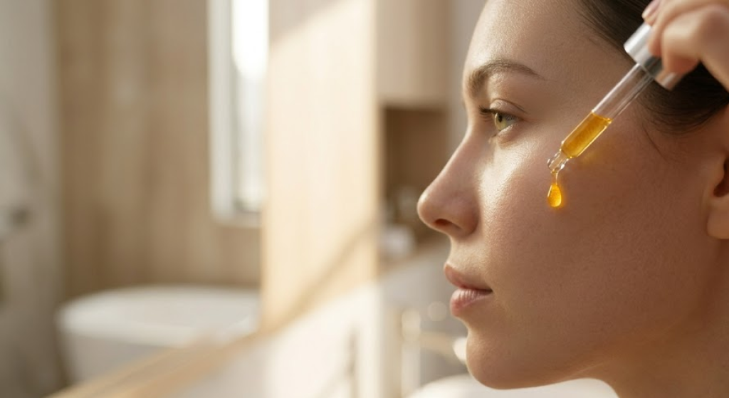 A woman applies a golden serum droplet to her cheek in a sun-drenched, modern minimalist bathroom.