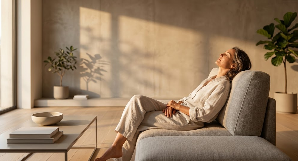 Relaxed person resting in a sunlit room demonstrating the calming neurological effects of Vitamin D.