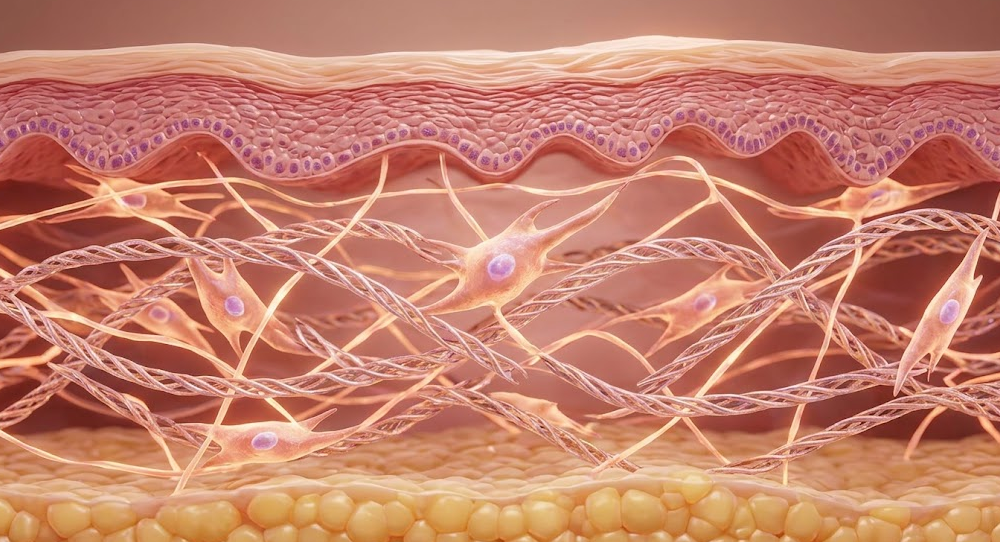 Microscopic cross-section of skin dermis with active fibroblasts synthesizing structural collagen fibers