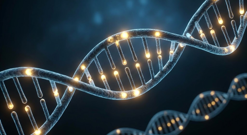 A microscopic visualization of a DNA double helix strand strand in a dark setting, illuminated by precise glowing golden nodes marking active methylation points.