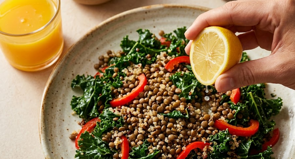 Overhead view of a hand squeezing a lemon half over a fresh kale, quinoa, and lentil salad.