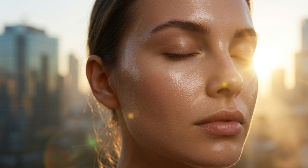 A person faces warm morning sunlight, showing a subtle protective luminous sheen on their skin against an urban backdrop.