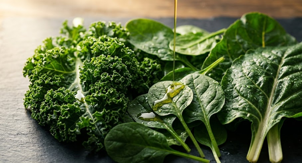 High-quality food photography of dark organic kale and spinach leaves drizzled with golden extra virgin olive oil on a slate table.