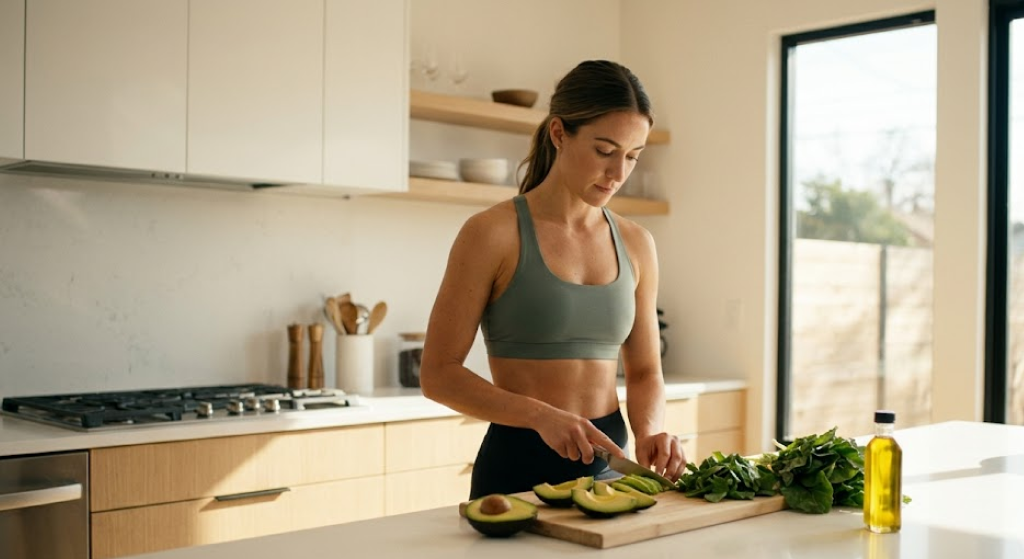 A candid photograph of a fit, athletic person in a modern minimalist kitchen slicing avocado and preparing leafy greens with oil.
