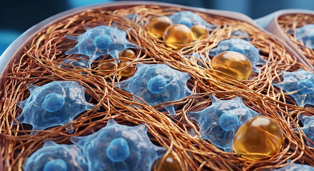 Microscopic 3D rendering of blue hepatic stellate cells surrounded by copper-toned fibrous collagen fibers and golden lipid droplets