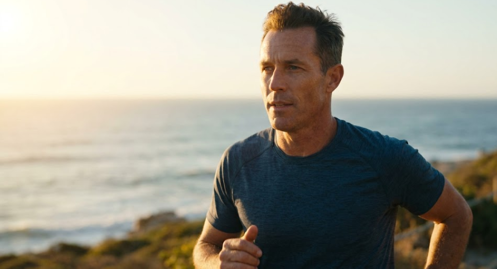 Fit middle-aged man running happily on a coastal trail at sunrise.