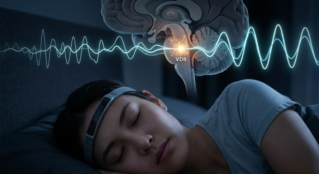 Sleeping person wearing a sleep tracker with a 3D diagram of the brainstem with active VDR receptors
