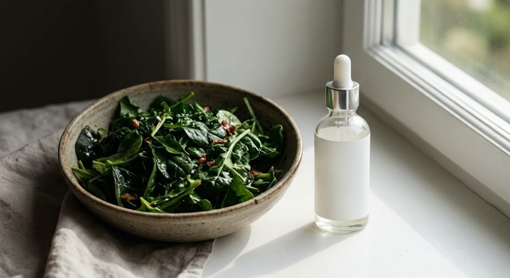 A rustic bowl of dark green salad placed next to a premium blank skincare serum bottle near a bright window.