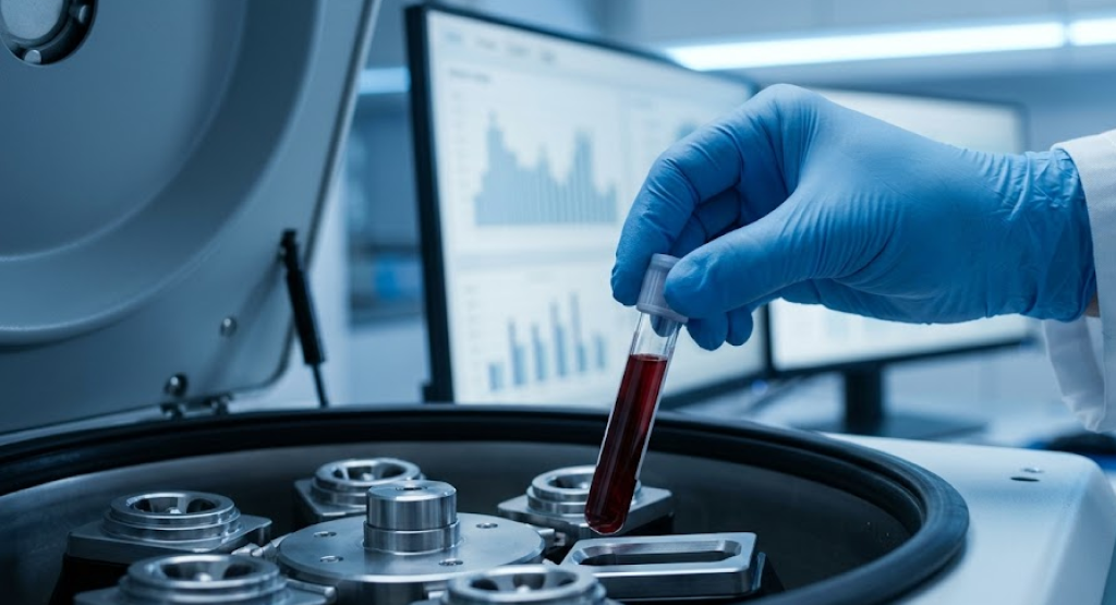 Gloved technician placing a blood sample vial into a laboratory centrifuge machine.