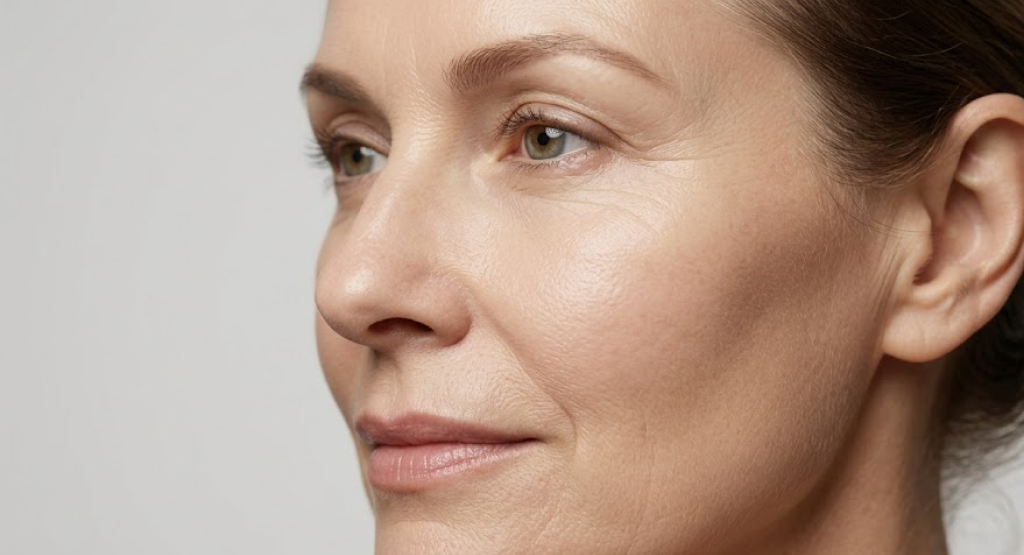 Profile portrait of a mature woman with firm, dense, and radiant skin architecture and ageless beauty.