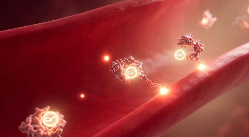 Molecular model of MGP binding glowing calcium ions near a vessel wall.