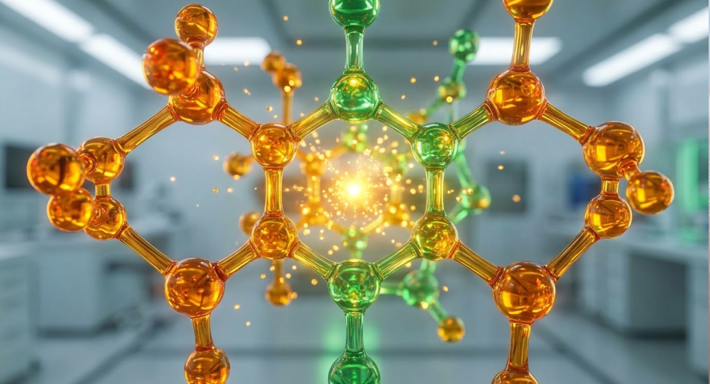 An extreme macro shot of an active molecular coenzyme structure glowing with vibrant amber and emerald light, with small golden energy particles attaching to its core.