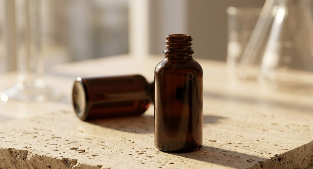 Three minimalist dark amber glass serum bottles with droppers sitting on textured raw travertine stone.