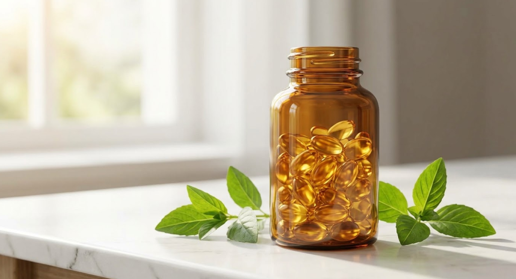 An elegant clear amber glass bottle filled with translucent golden liquid capsules, sitting on a white marble countertop next to fresh green plant leaves under soft natural window sunlight.