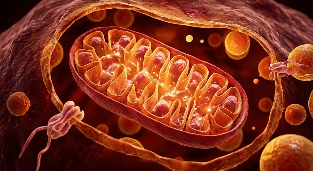 Cross-section of an active mitochondrion facilitating cholesterol transport for steroid hormone synthesis