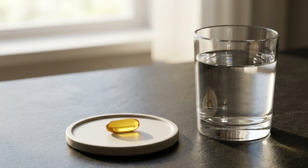 A single golden softgel capsule on a coaster next to a glass of water.