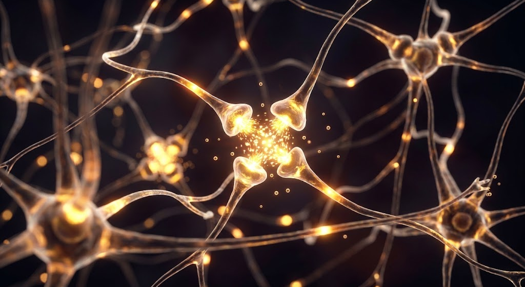 Glowing neural pathways actively producing serotonin fueled by optimal Vitamin D levels.