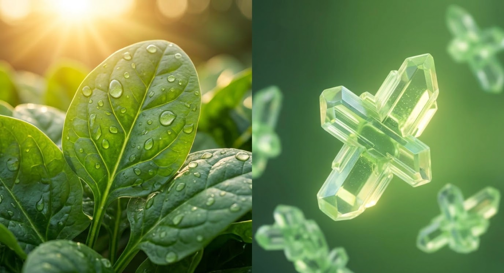 A split photograph comparing fresh green organic spinach leaves with water droplets in daylight on one side, and clean microscopic folate crystal structures glowing softly on the other.